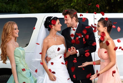 Wedding couple leaving limousine and showered with rose petals
